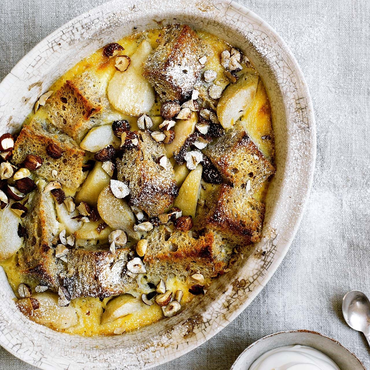 Bread and butter pudding with pear and cinnamon
